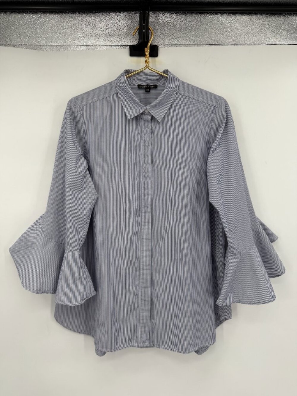 Boho Chic Women’s Medium Blue White Striped Bell Sleeve Button Down Blouse